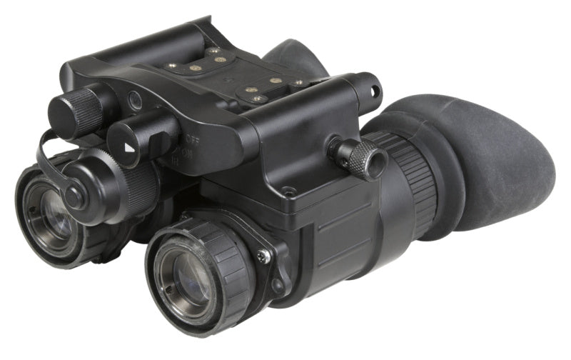 Close-up of the AGM NVG-50's dual-channel design featuring advanced multi-coated optics for superior night vision performance