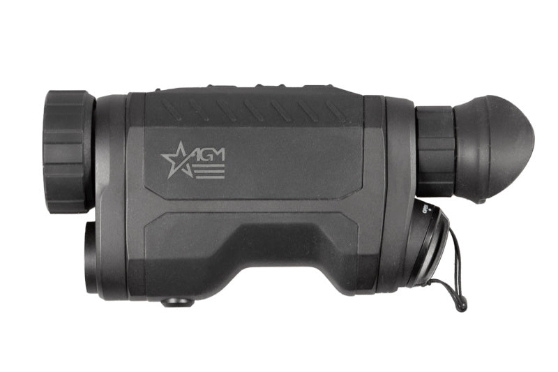 AGM ReachIR Thermal Monocular showcasing its integrated 1,000-meter laser rangefinder for precise distance measurements