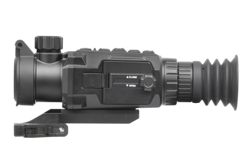 Top view of the AGM Secutor LRF Thermal Riflescope displaying control buttons for thermal imaging and rangefinding functions