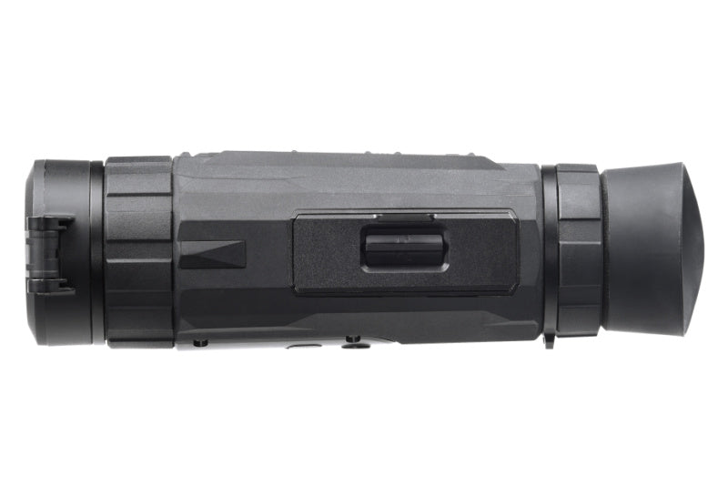 AGM Sidewinder Thermal Monocular displaying its removable, non-proprietary 18650 rechargeable battery, providing up to 7 hours of runtime